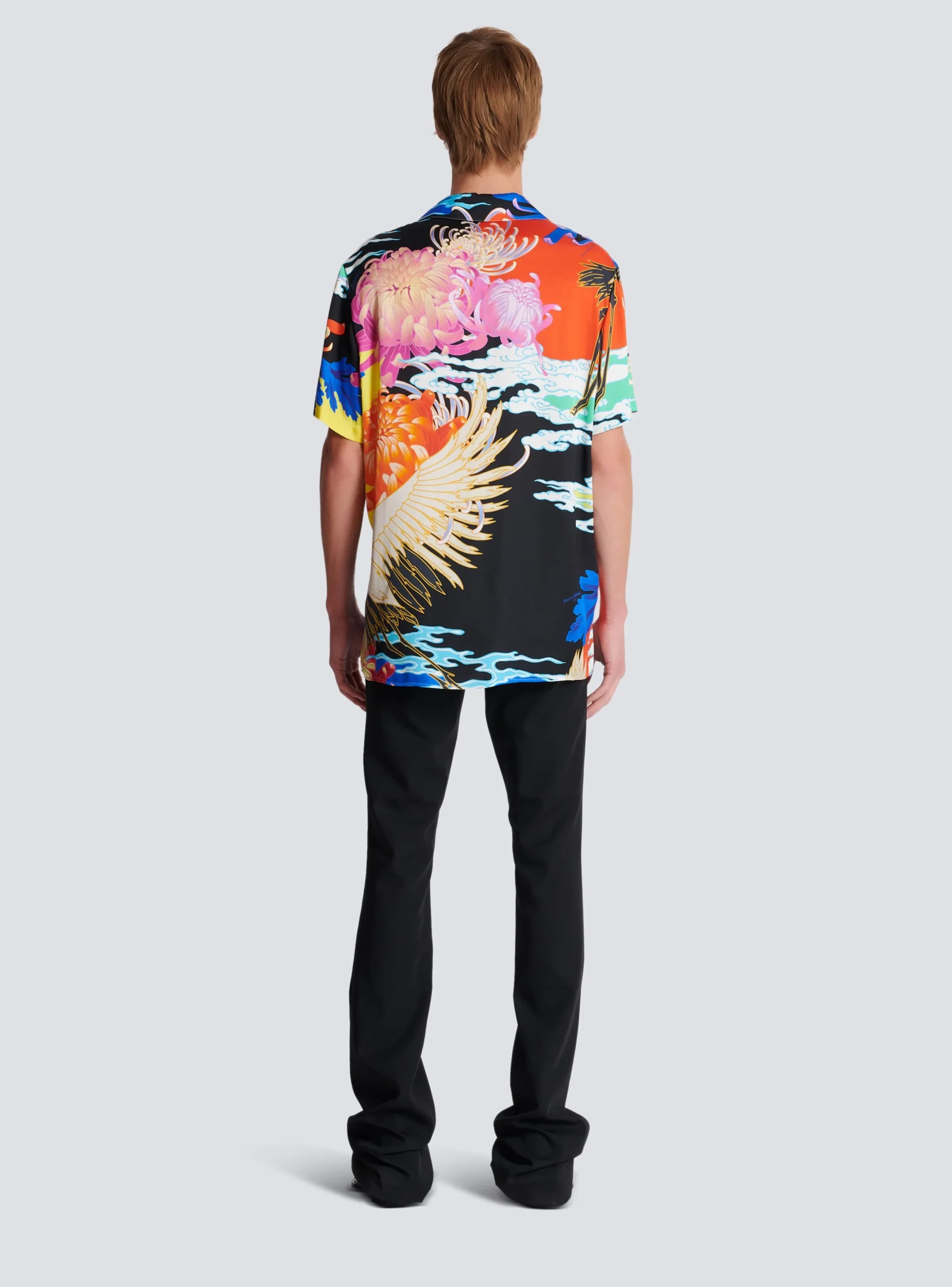 Short-sleeved Satin Shirt With Crane Print-Balmain Fashion