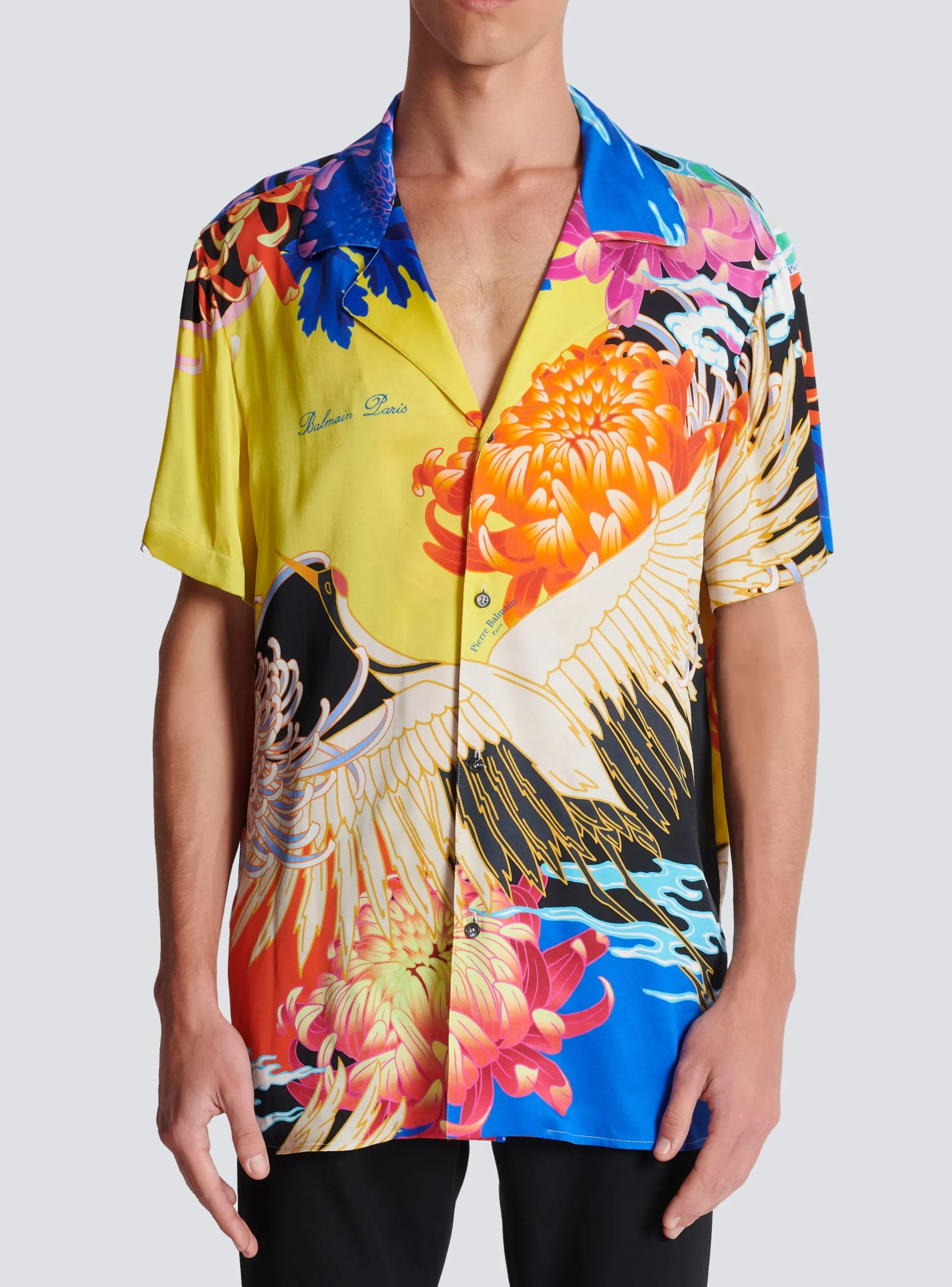 Short-sleeved Satin Shirt With Crane Print-Balmain Fashion