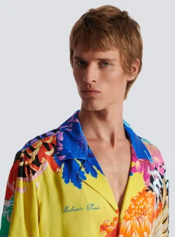 Short-sleeved Satin Shirt With Crane Print-Balmain Fashion