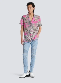 Short-sleeved Silk Pyjama Shirt With Miami Print-Balmain Hot
