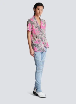 Short-sleeved Silk Pyjama Shirt With Miami Print-Balmain Hot