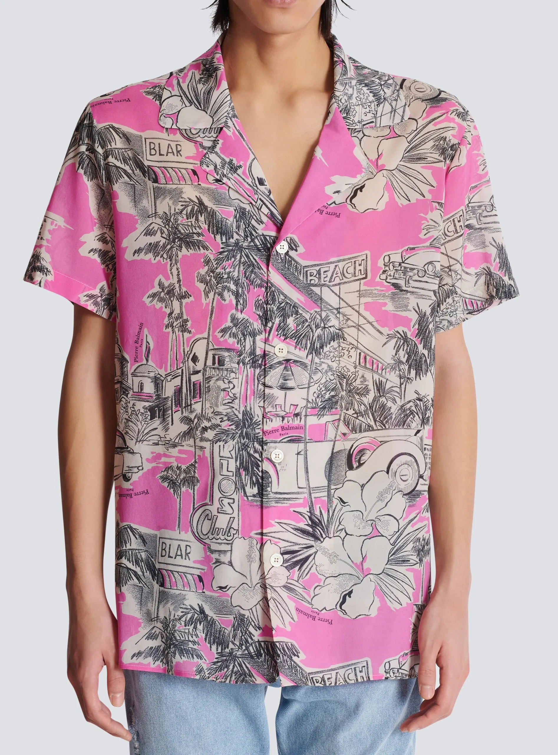 Short-sleeved Silk Pyjama Shirt With Miami Print-Balmain Hot