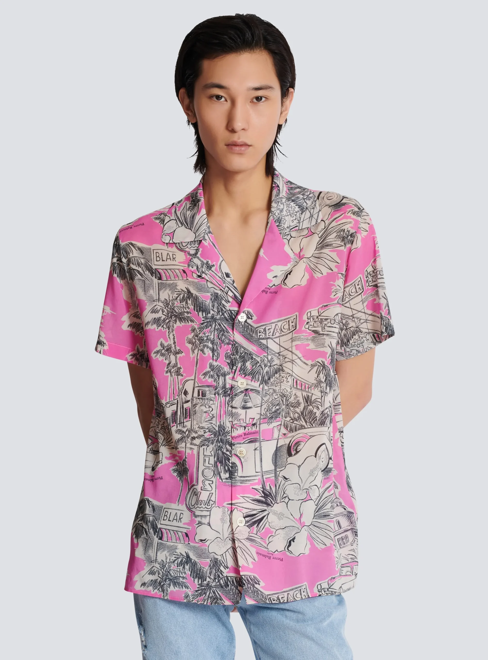 Short-sleeved Silk Pyjama Shirt With Miami Print-Balmain Hot