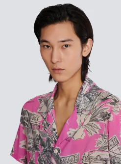 Short-sleeved Silk Pyjama Shirt With Miami Print-Balmain Hot