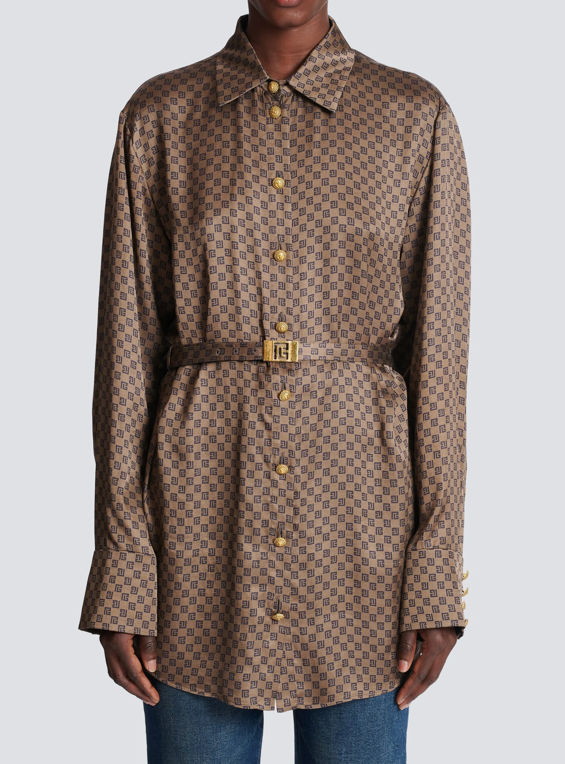 Silk Shirt With A Mini Monogram Print-Balmain Cheap