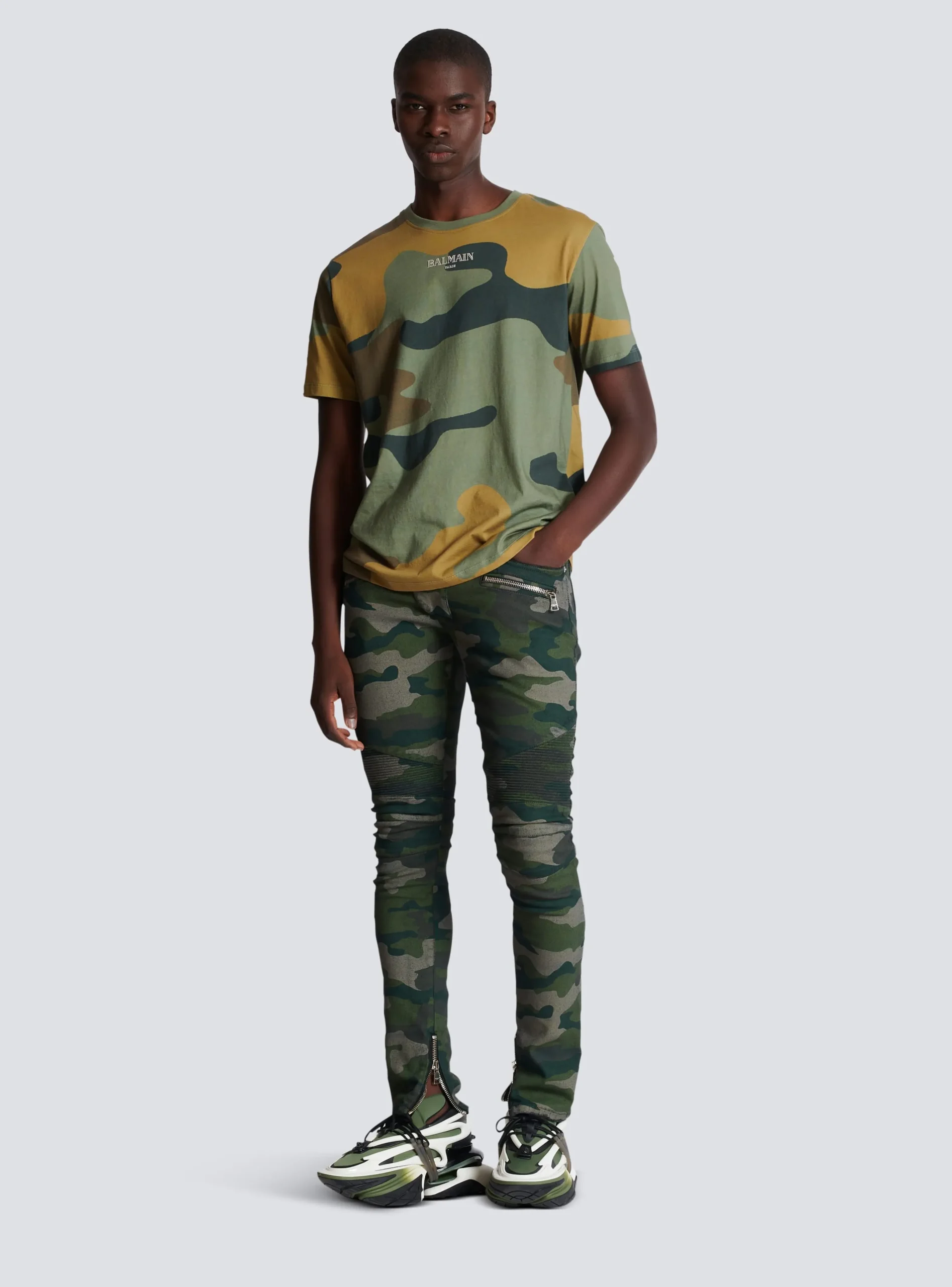 Slim-fit Jeans In Camouflage Denim With Ribbed Details-Balmain Cheap