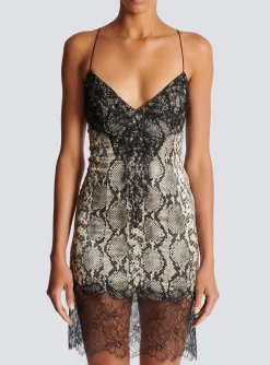 Snakeskin Silk And Lace Spaghetti Strap Dress-Balmain Outlet
