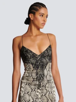Snakeskin Silk And Lace Spaghetti Strap Dress-Balmain Outlet