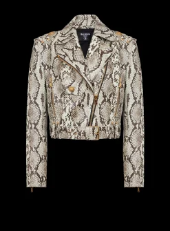 Snakeskin-effect Leather Biker Jacket-Balmain Cheap