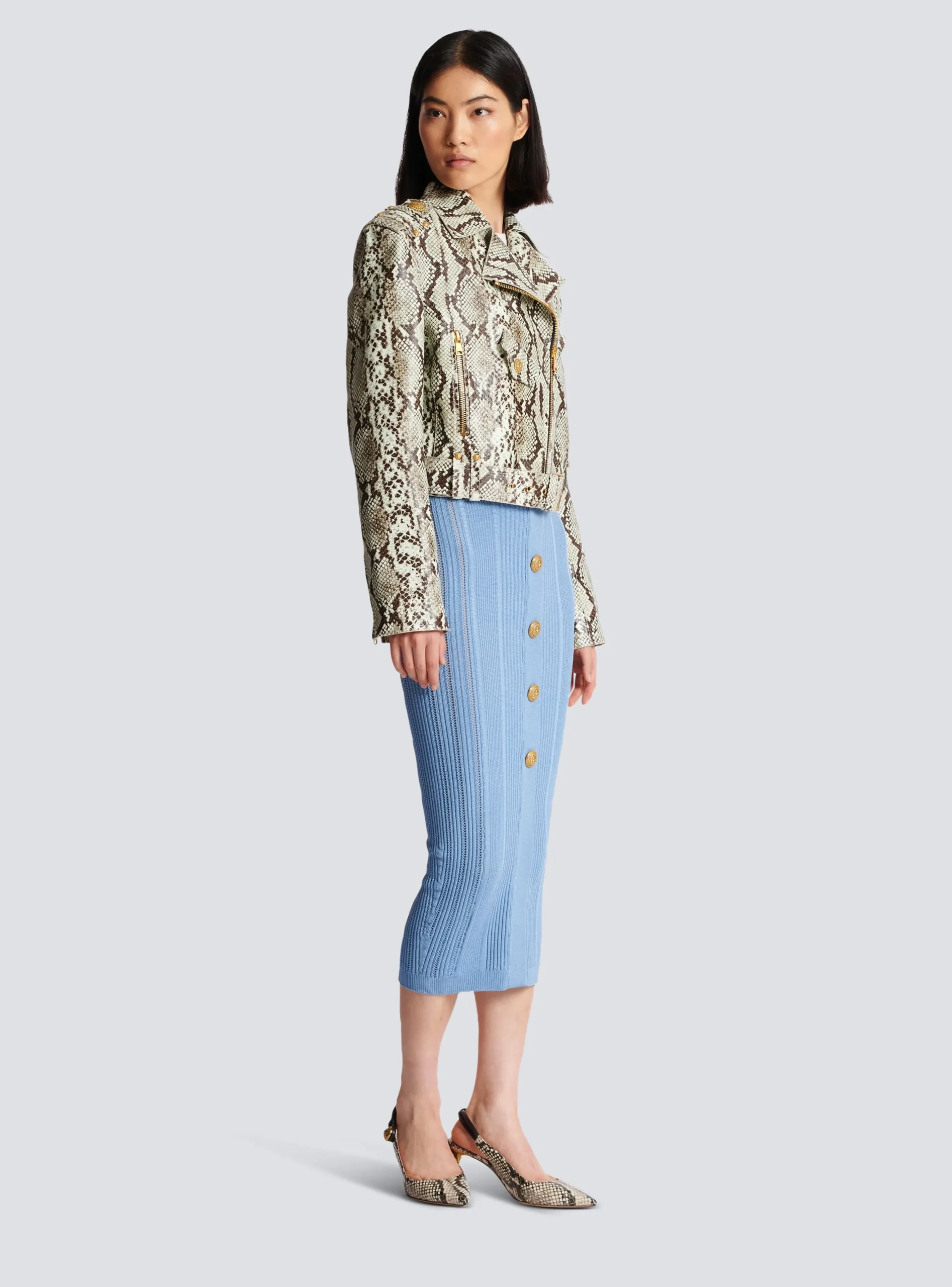Snakeskin-effect Leather Biker Jacket-Balmain Cheap