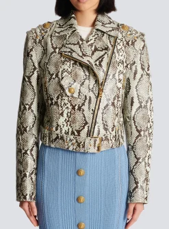 Snakeskin-effect Leather Biker Jacket-Balmain Cheap