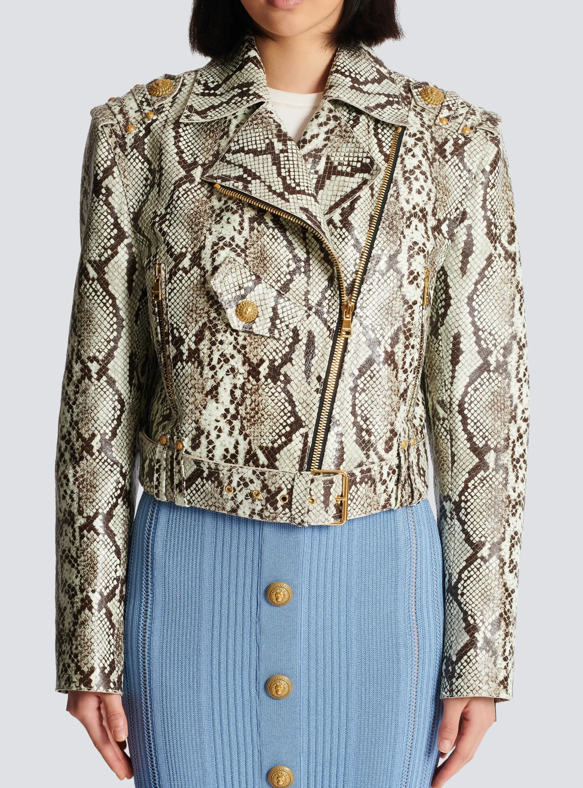 Snakeskin-effect Leather Biker Jacket-Balmain Cheap