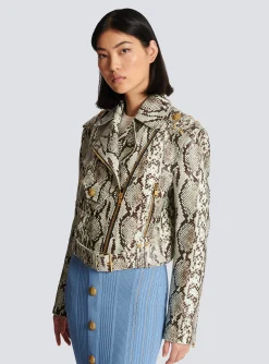 Snakeskin-effect Leather Biker Jacket-Balmain Cheap