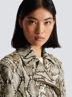 Snakeskin-effect Leather Biker Jacket-Balmain Cheap