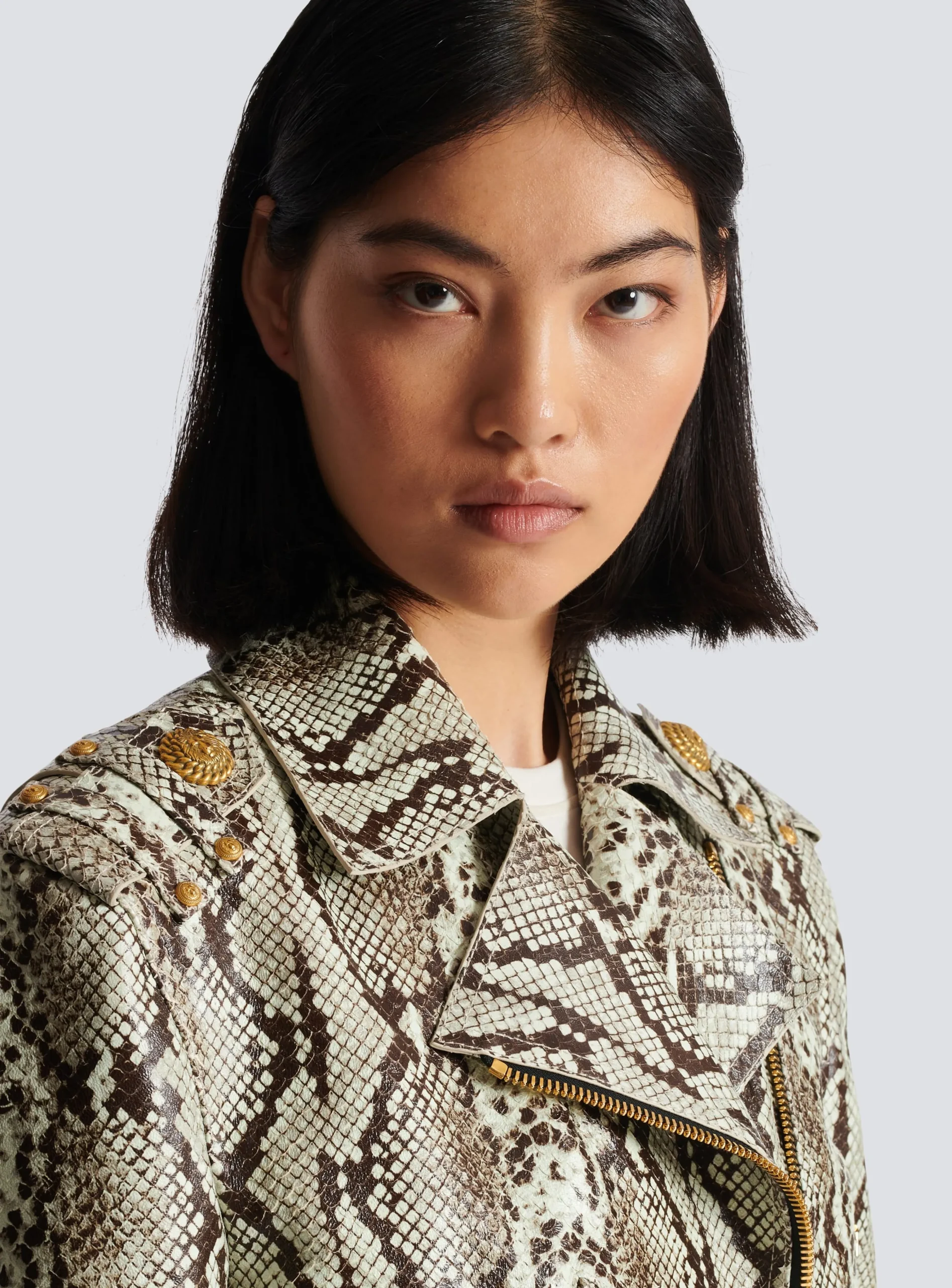 Snakeskin-effect Leather Biker Jacket-Balmain Cheap