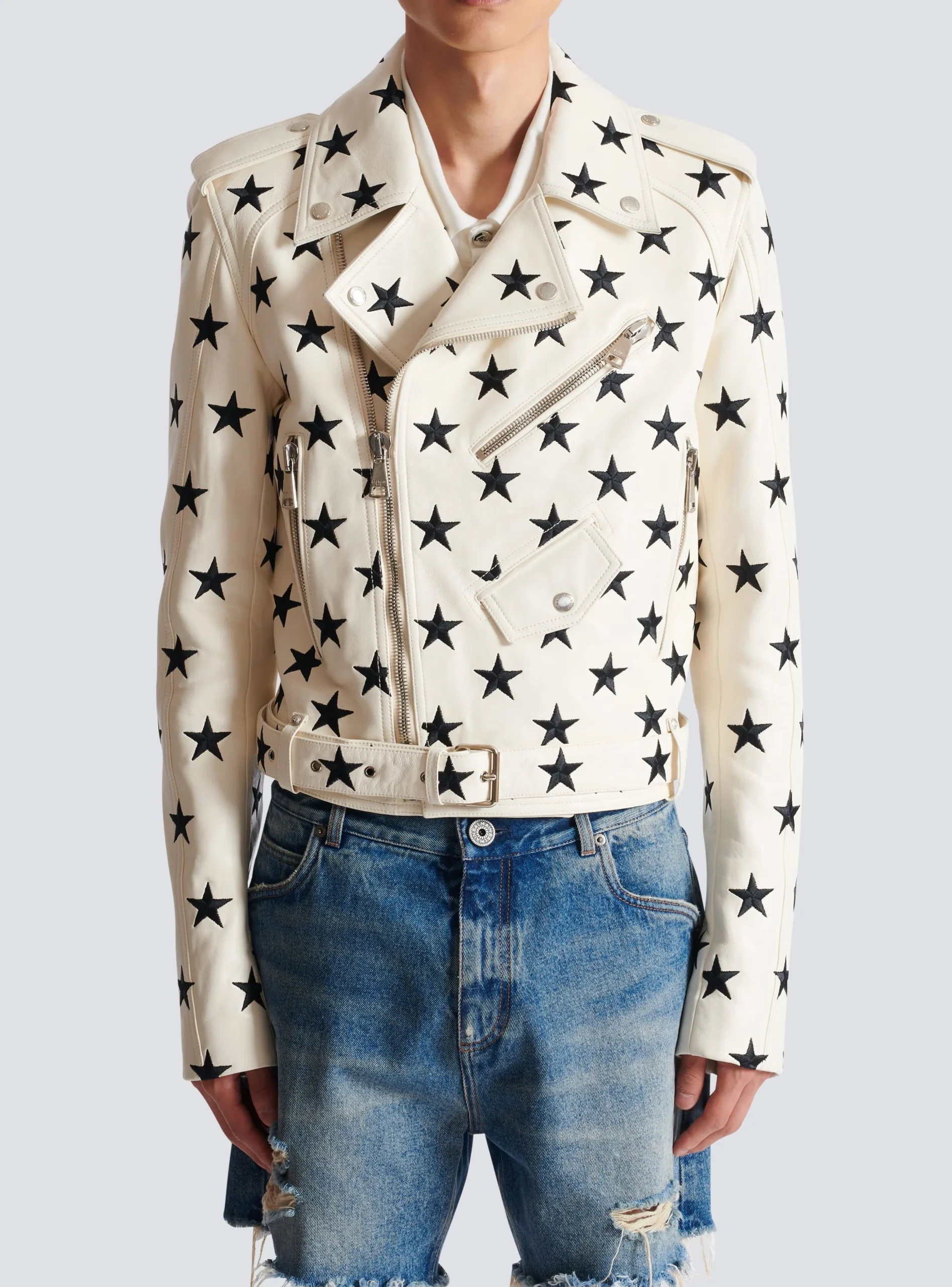Stars Biker Jacket In Embroidered Leather-Balmain Sale
