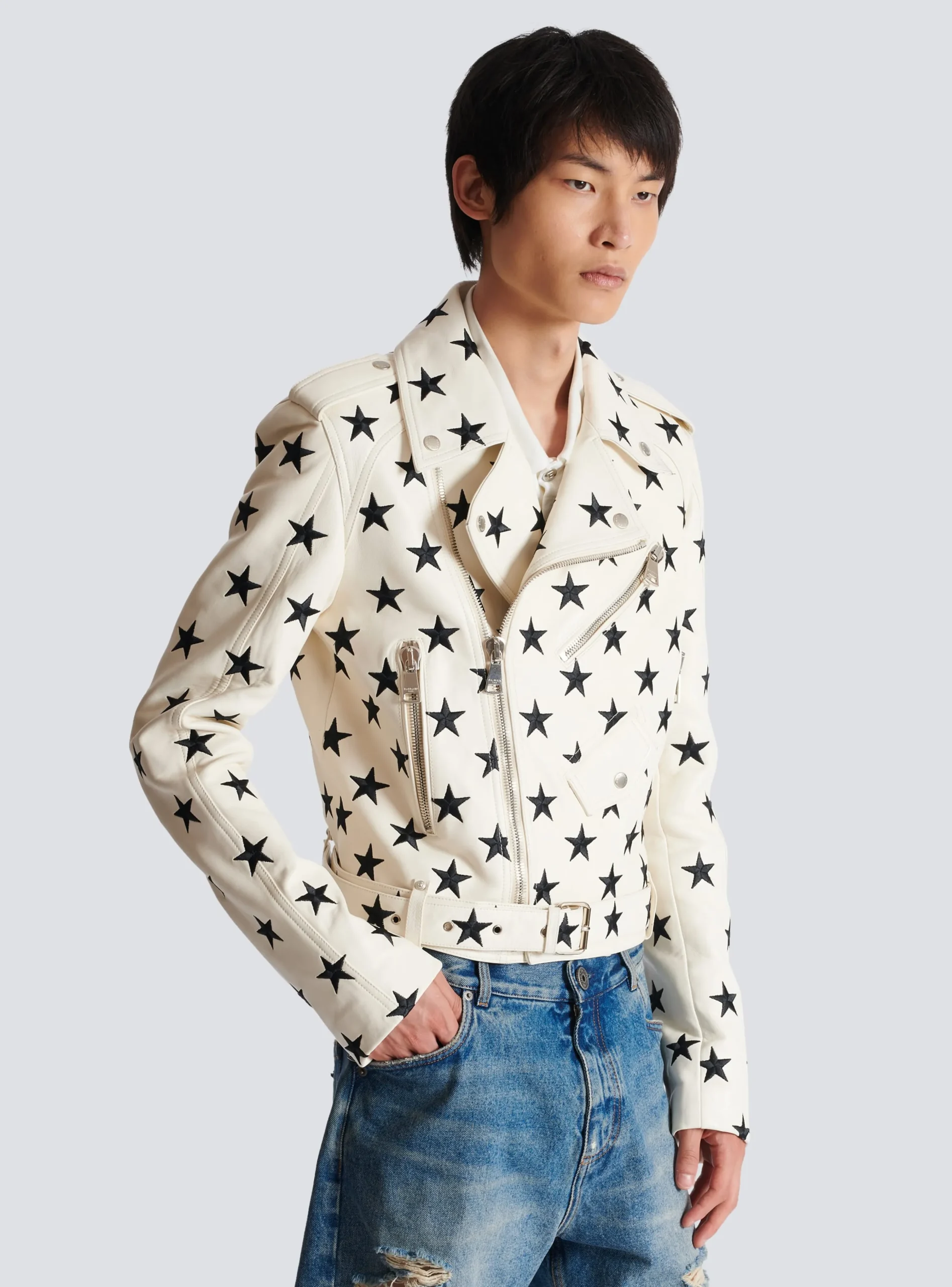 Stars Biker Jacket In Embroidered Leather-Balmain Sale