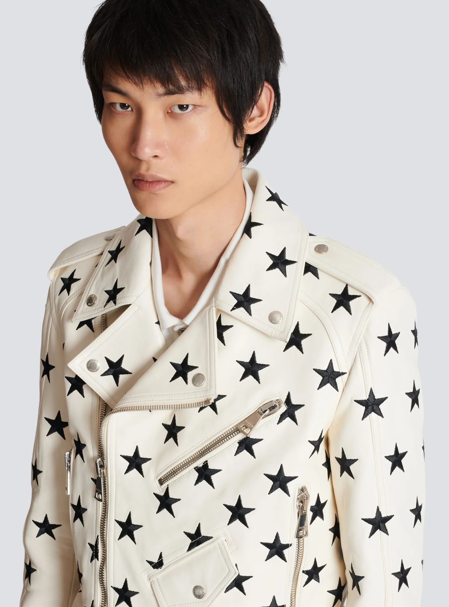 Stars Biker Jacket In Embroidered Leather-Balmain Sale