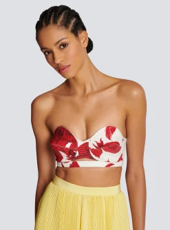 Strapless Crop Top With Roses Print-Balmain Discount