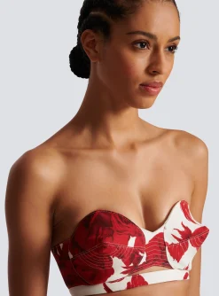 Strapless Crop Top With Roses Print-Balmain Discount
