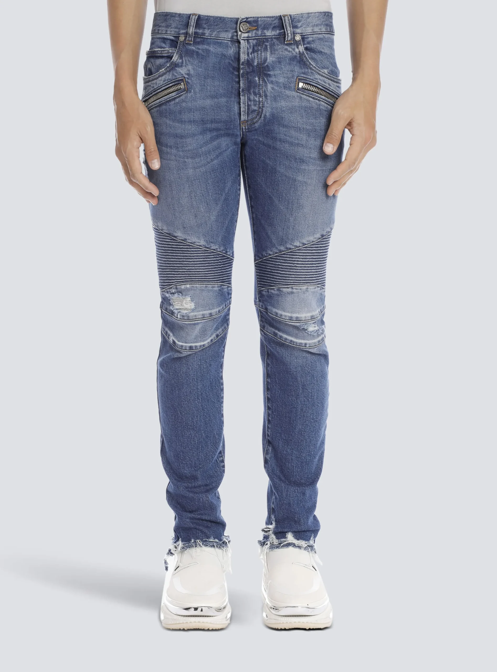 Tapered Ripped Cotton Jeans-Balmain Clearance
