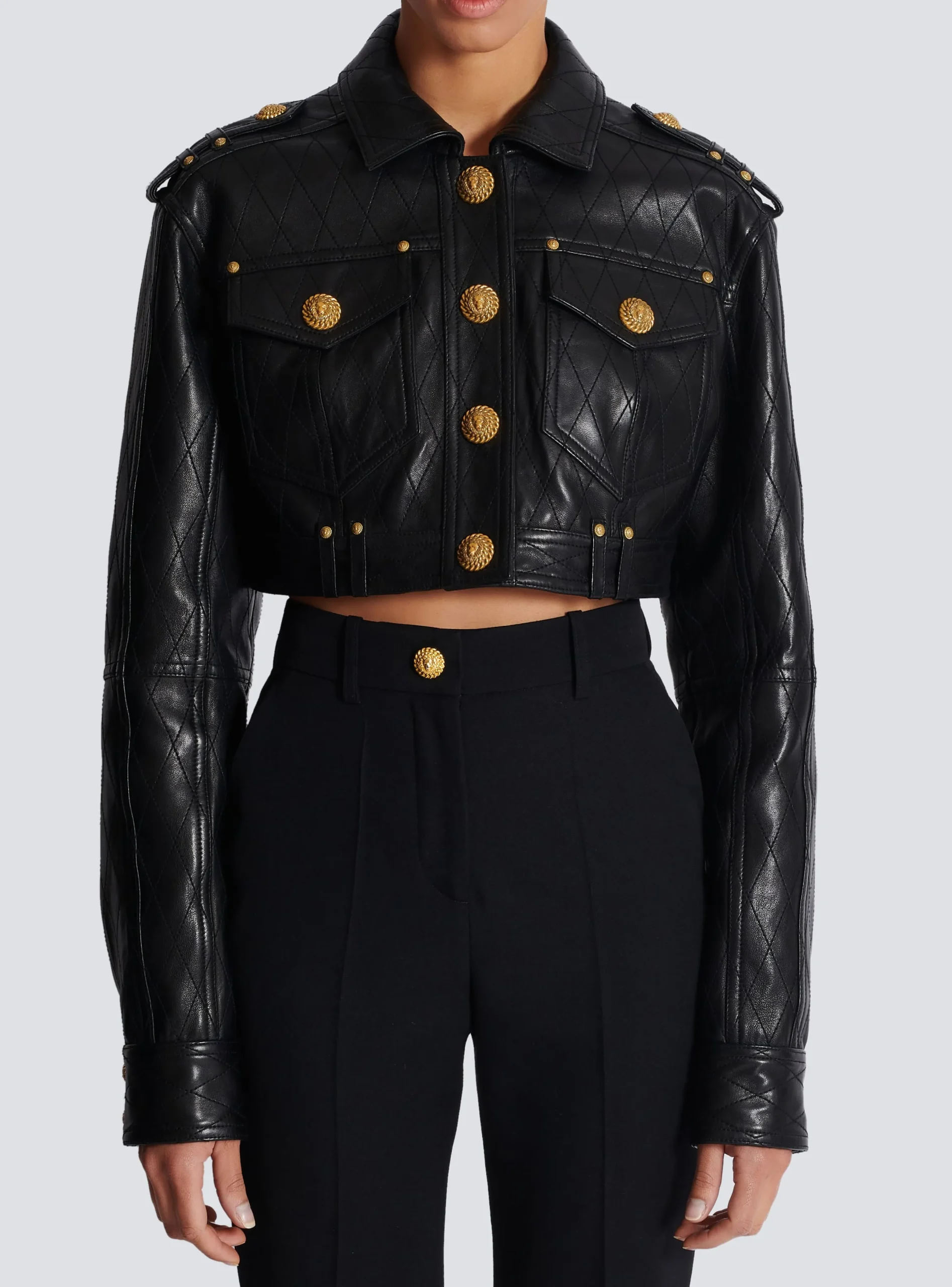 Topstitched Cropped Leather Jacket-Balmain Clearance