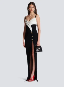 Two-tone Long Crepe Dress With Leg Slit-Balmain Clearance