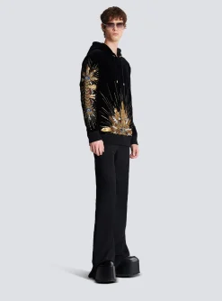 Velvet Hooded Sweatshirt With Embroidery-Balmain Shop