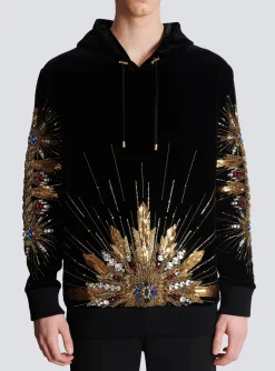 Velvet Hooded Sweatshirt With Embroidery-Balmain Shop
