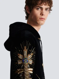 Velvet Hooded Sweatshirt With Embroidery-Balmain Shop