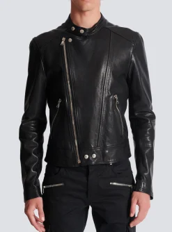 Zipped Leather Biker Jacket-Balmain Cheap